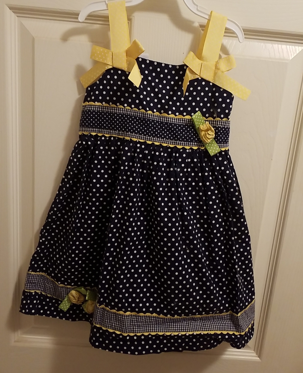 Blueberi Boulevard Navy Polka Dot Dress with Yellow Straps